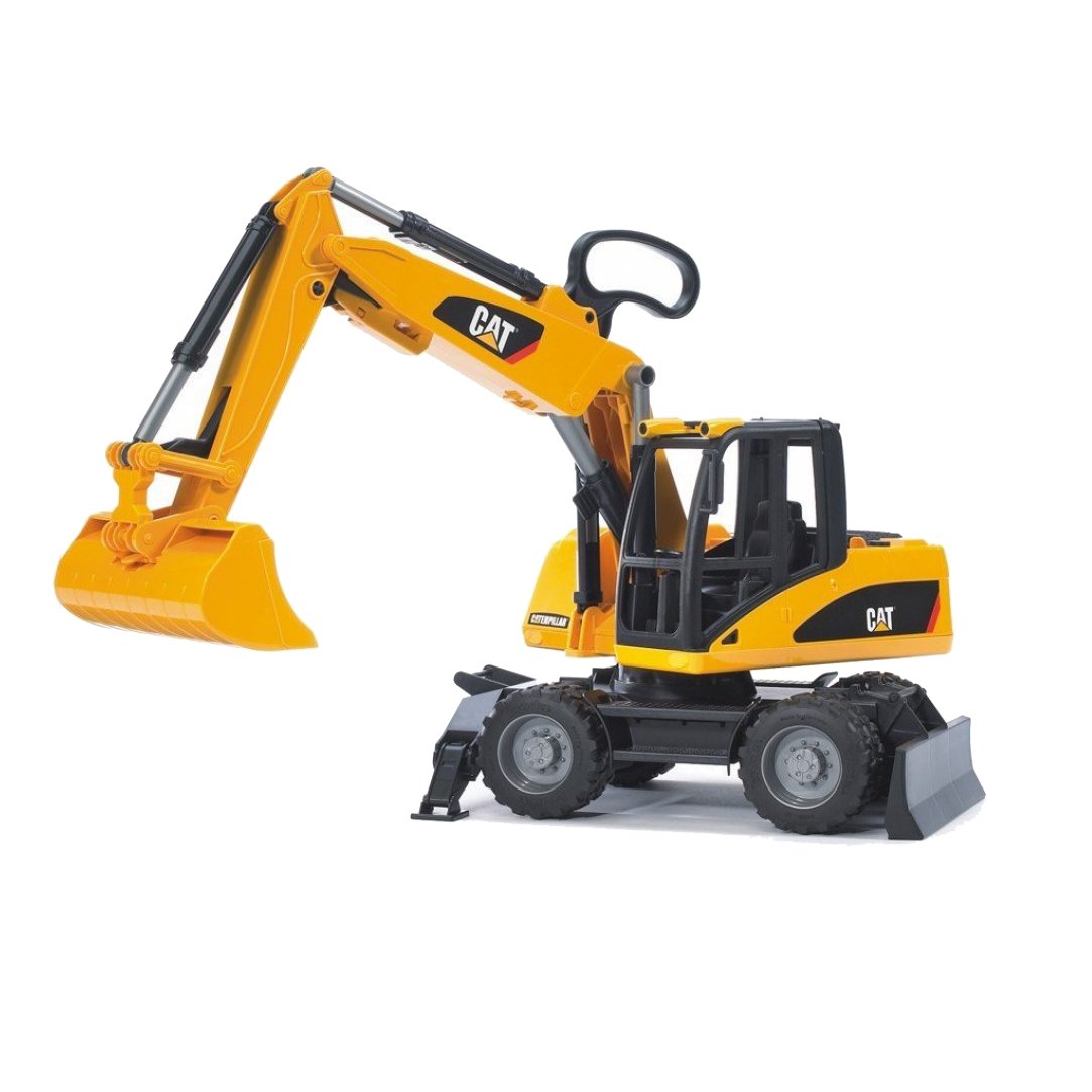 CAT Wheeled Excavator toy with movable arm, stabilizer legs, and realistic tread tires, suitable for children aged 4 and up.
