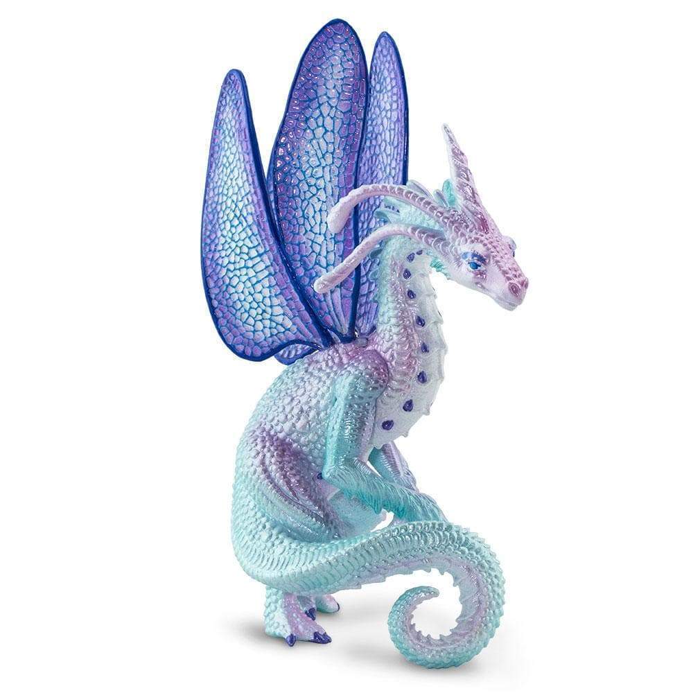 Fairy Dragon figurine with pearlescent scales, spiraled horn, and translucent blue-purple dragonfly wings.