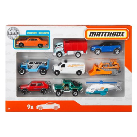 Matchbox Cars 9pk featuring nine detailed metal vehicles including exclusive designs in a colorful display pack.