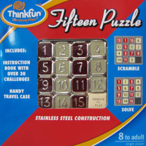 Fifteen Puzzle classic brainteaser with stainless steel tiles in a portable travel case for ages 8 to adult.