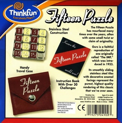 Fifteen Puzzle classic brainteaser with sliding numbered tiles in a compact travel case for ages 8 and up.