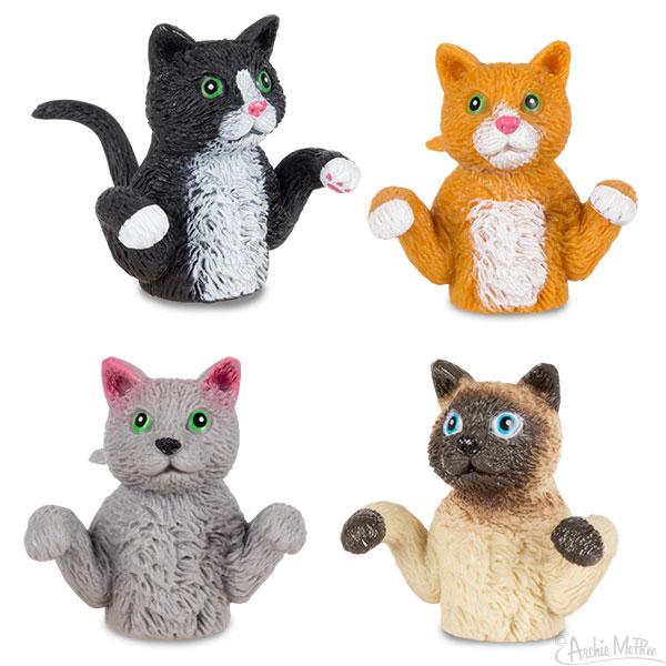 Finger Cat finger puppets showing four different cat breeds in soft vinyl, perfect for a playful kitty puppet show.