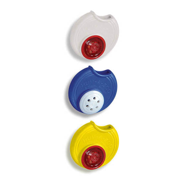 Three Hum A Zoo Kazoo musical toys in white, blue, and yellow, perfect for kids and party favors.