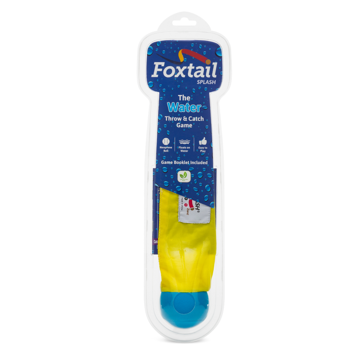 Foxtail Splash water-friendly throw and catch game with floating ball and nylon tail for pool and beach play.