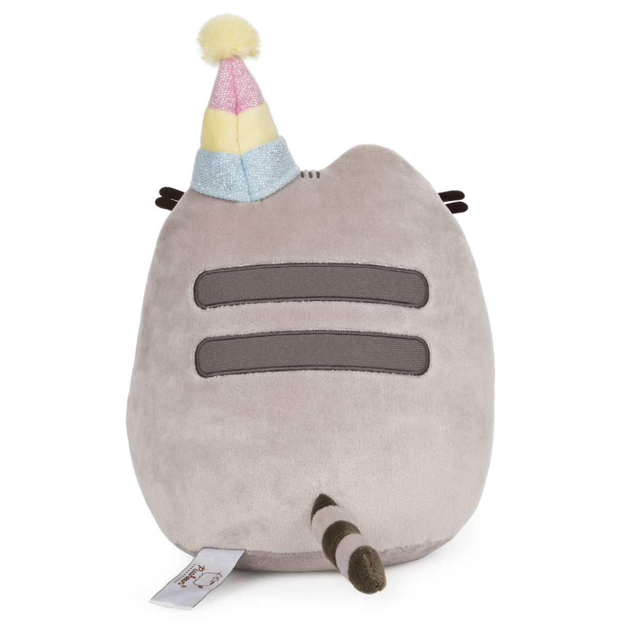 Pusheen Birthday Cake plush showing the back with striped tail and pastel party hat with yellow pompom.