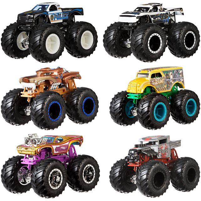Hot Wheels Monster Truck 2pk featuring six colorful 1:64 scale monster trucks with giant wheels and detailed designs.