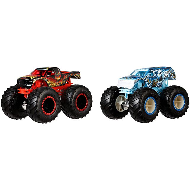 Hot Wheels Monster Truck 2pk featuring two 1:64 scale monster trucks with giant wheels and bold designs.