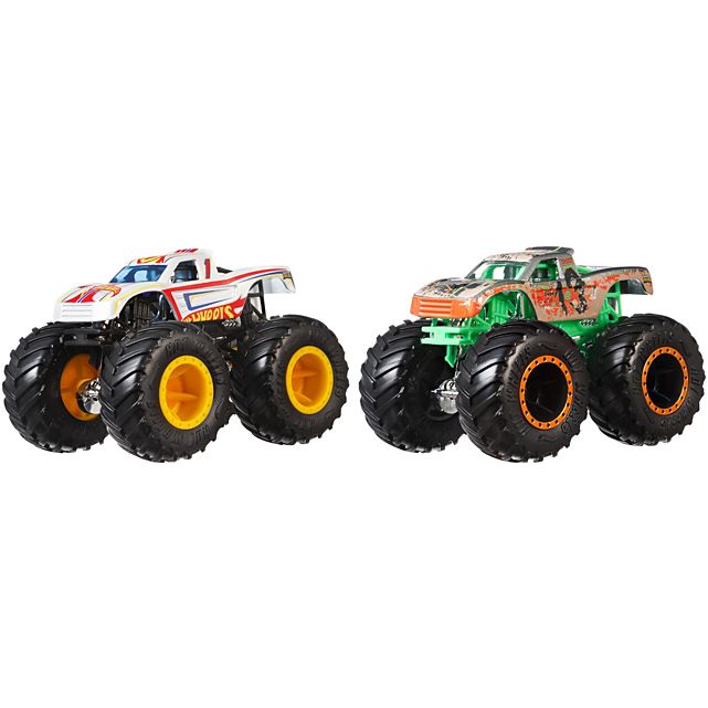 Hot Wheels Monster Truck 2pk featuring two 1:64 scale monster trucks with giant wheels ready for epic crash battles.