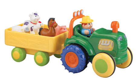 Funtime Tractor toy with farmer driver and five animal friends in yellow trailer, designed for interactive play and sounds.