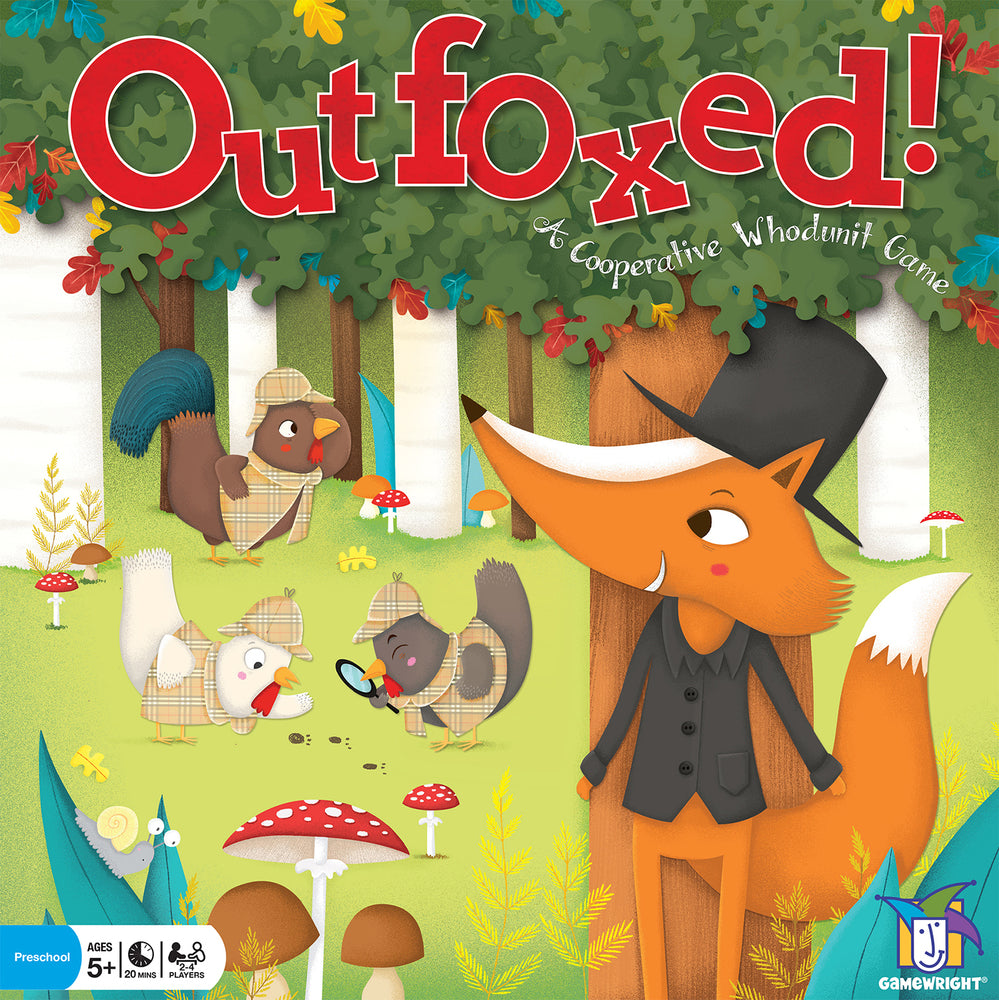 Outfoxed board game cover featuring a fox in a hat and animals as detectives in a forest setting.