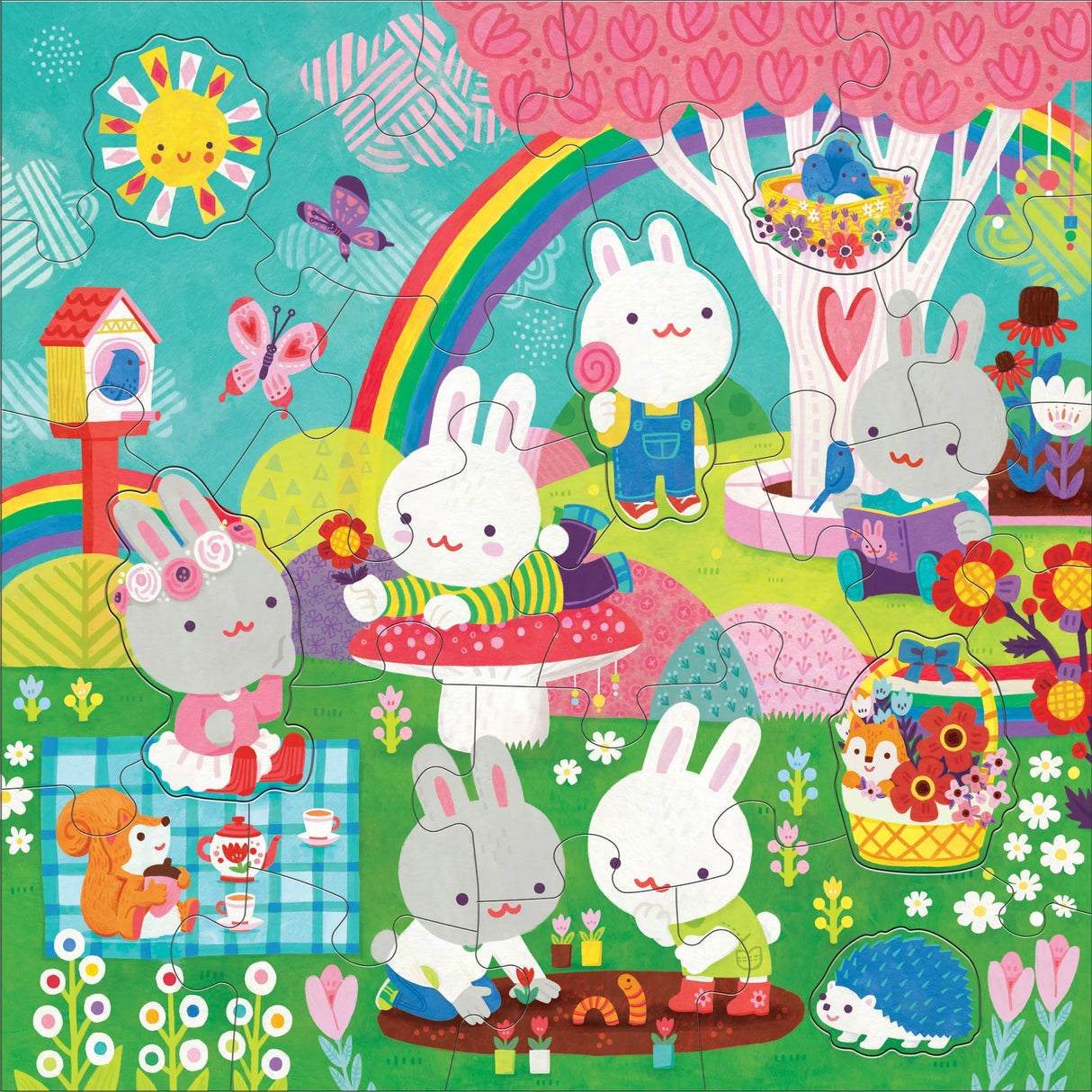 25pc Garden Bunnies Floor Puzzle featuring cute garden animals, flowers, rainbow, and oversized shaped pieces for toddlers.