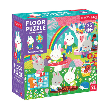 Mudpuppy 25pc Garden Bunnies Floor Puzzle with oversized pieces featuring cute garden animals and scenes.
