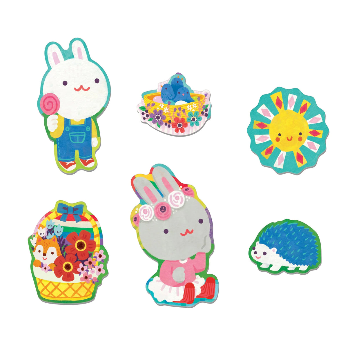 Six shaped pieces from the 25pc Garden Bunnies Floor Puzzle featuring cute garden animals and objects.