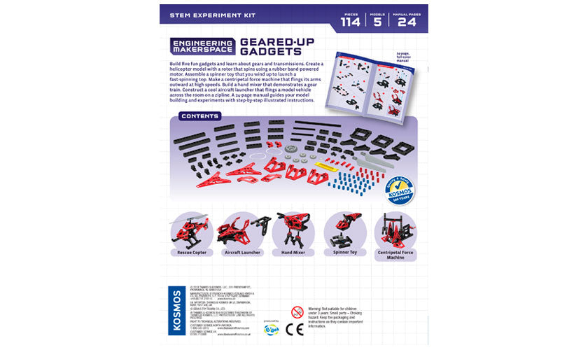 Geared Up Gadgets kit with parts to build five gear-based models including a helicopter, launcher, and spinner toy.