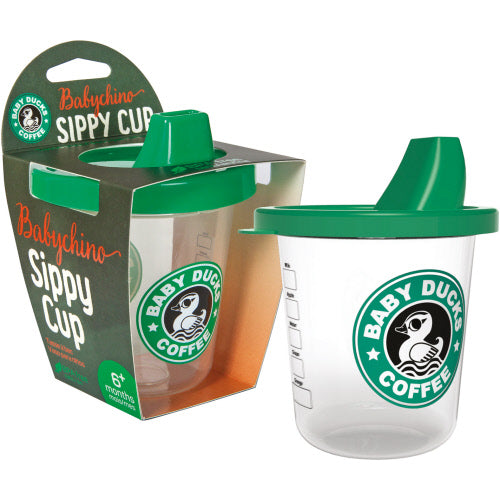 Babychino Sippy Cup with green lid and Baby Ducks Coffee logo, perfect for toddlers 6 months and up.