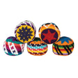 Five colorful handwoven Hackey Sac kick sacks with varied patterns, perfect for testing dexterity and play.