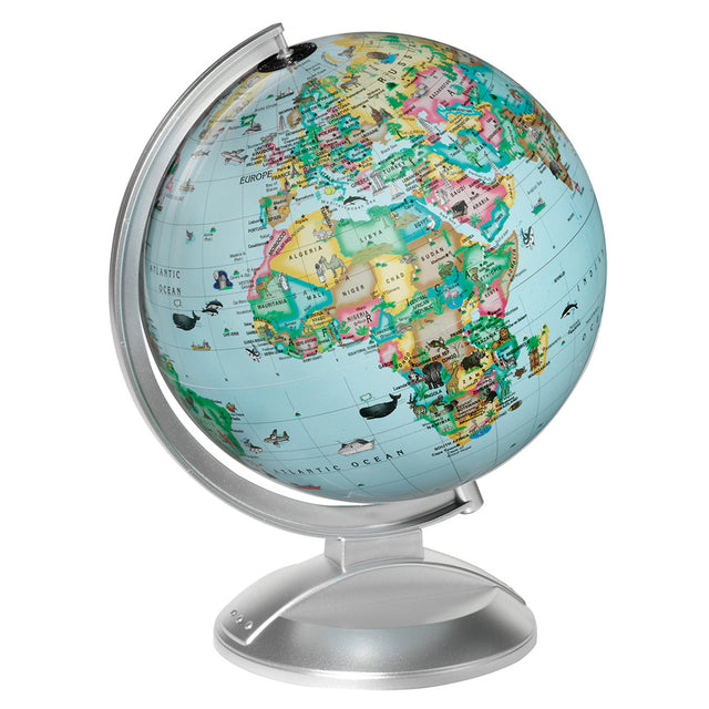 Kids Globe showing a colorful political map with animals and landmarks on a kid-friendly educational globe.