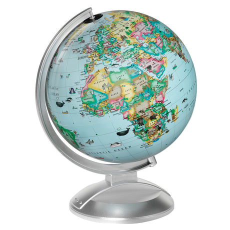 Kids Globe showing a colorful political map with animals and landmarks on a kid-friendly educational globe.