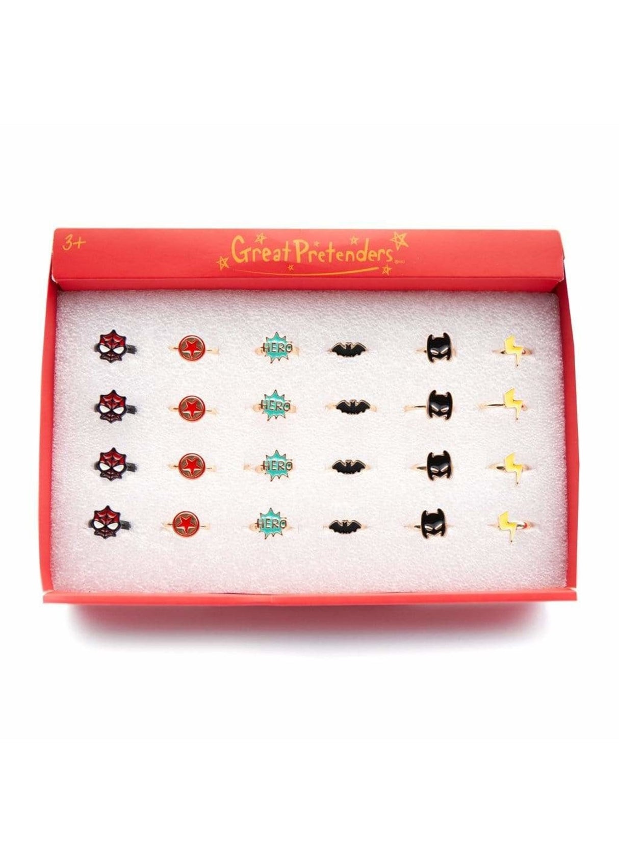 Superhero Ring set featuring adjustable rings with assorted fun superhero styles for kids aged 3 and up.