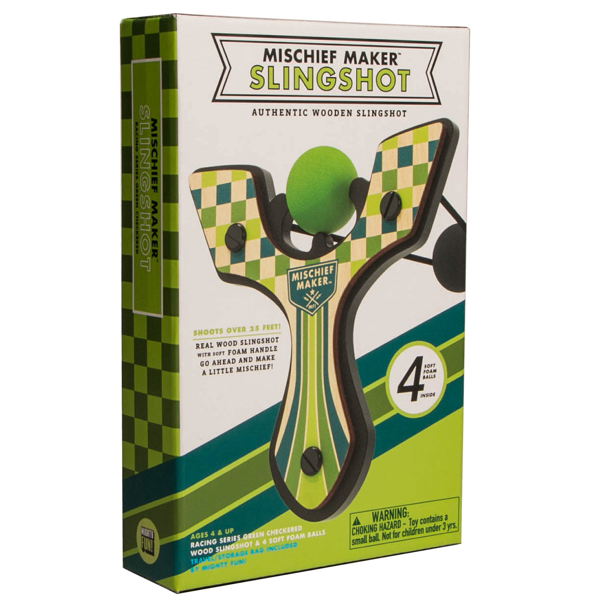 Slingshot Green Checkered wooden slingshot with foam ball and colorful packaging for kids ages 4 and up.
