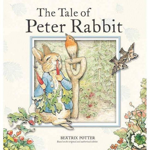 The Tale of Peter Rabbit board book cover with Peter Rabbit holding vegetables in a garden scene.