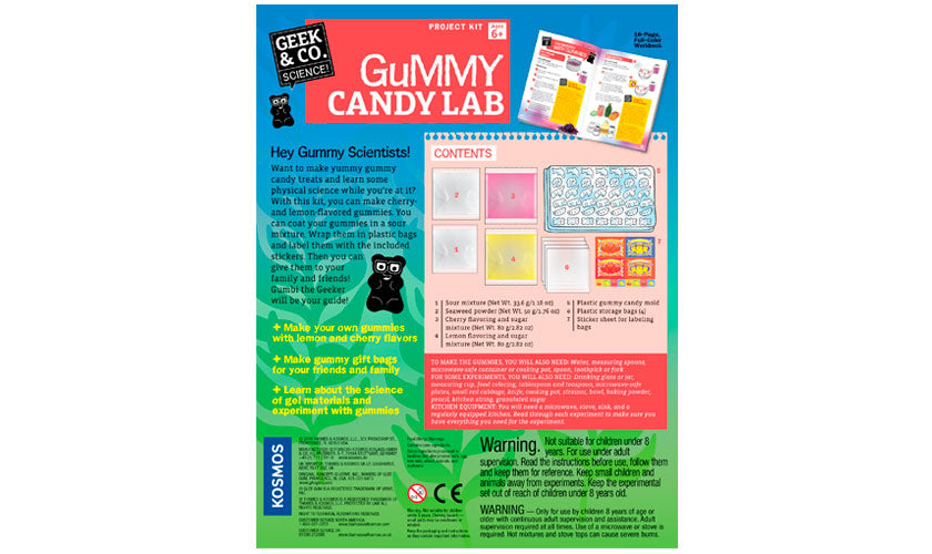 Gummy Candy Lab kit showing contents and instructions for making homemade gummy candies with natural ingredients and experiments.