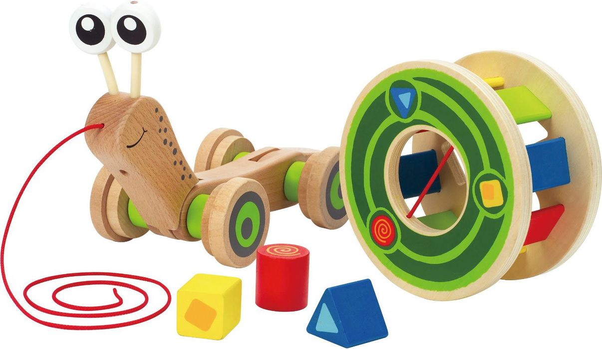Pull Along Snail Sorter wooden toddler toy with shape sorting shell and colorful blocks for early learning and exploration.