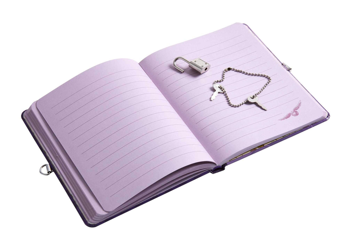 Open Harry Potter Quidditch Diary showing lined pages, lock, and two keys for secure writing.