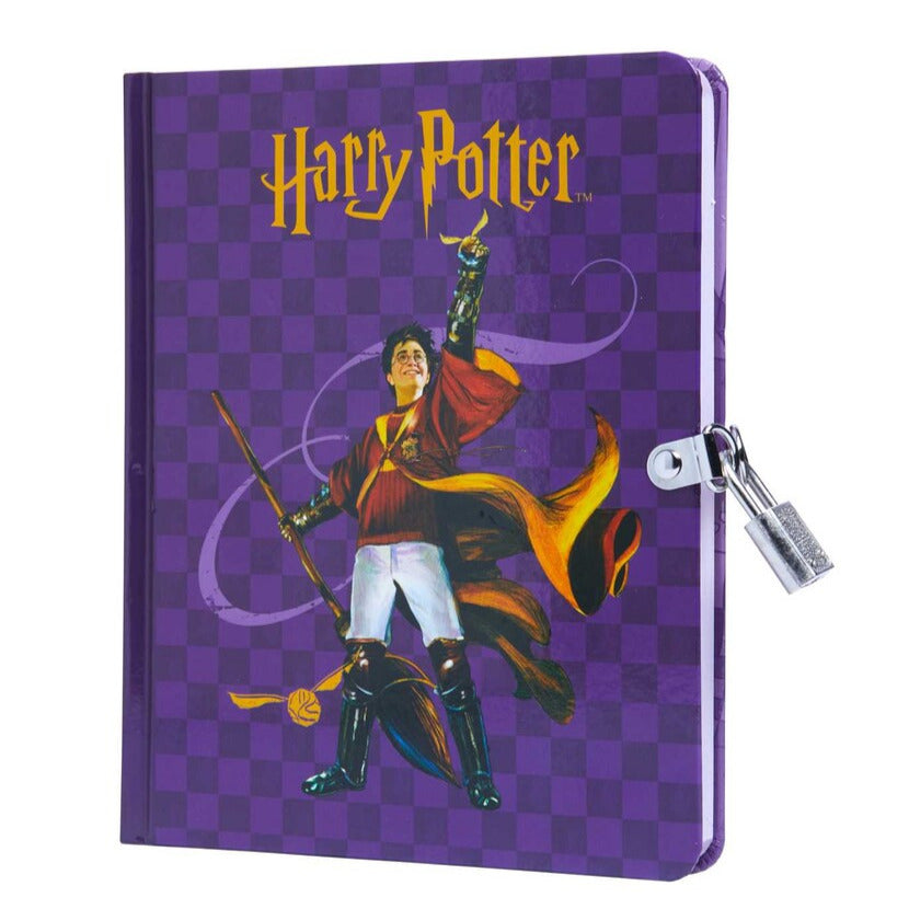 Harry Potter Quidditch Diary with purple checkered cover, featuring a player and a silver lock and key.
