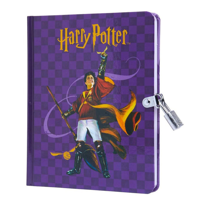 Harry Potter Quidditch Diary with purple checkered cover, featuring a player and a silver lock and key.