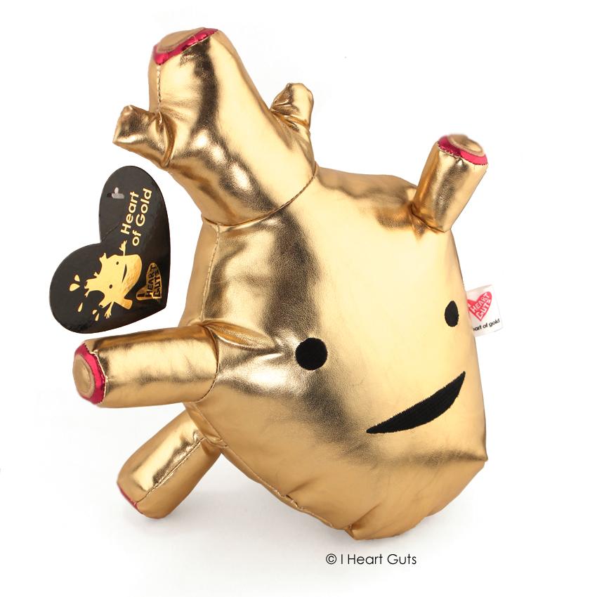Heart of Gold metallic vinyl plush in gold, 10x8x4 inches, cute anatomical heart design for super-special people.