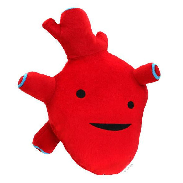 Heart plush toy in bright red, soft and embroidered with a friendly face, perfect for hugging and learning.