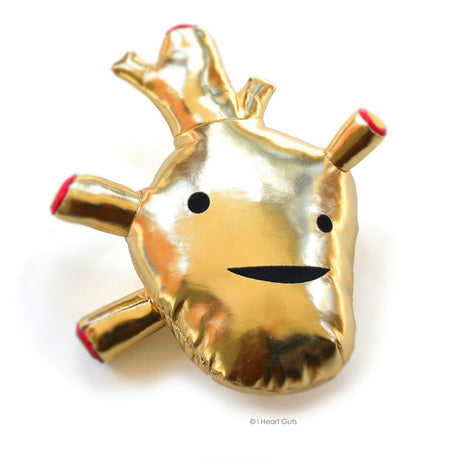 Heart of Gold metallic vinyl plush shaped like an anatomical heart with a friendly face, sized 10"x8"x4".
