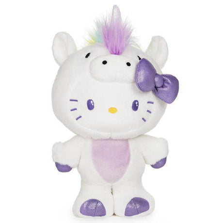 Hello Kitty Unicorn plush wearing a white unicorn hoodie with purple bow and sparkling hooves, 9.5 inches tall.