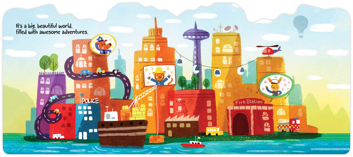 Here Come the Helpers board book city scene with fire station, police, ambulance, and emergency vehicles in action.