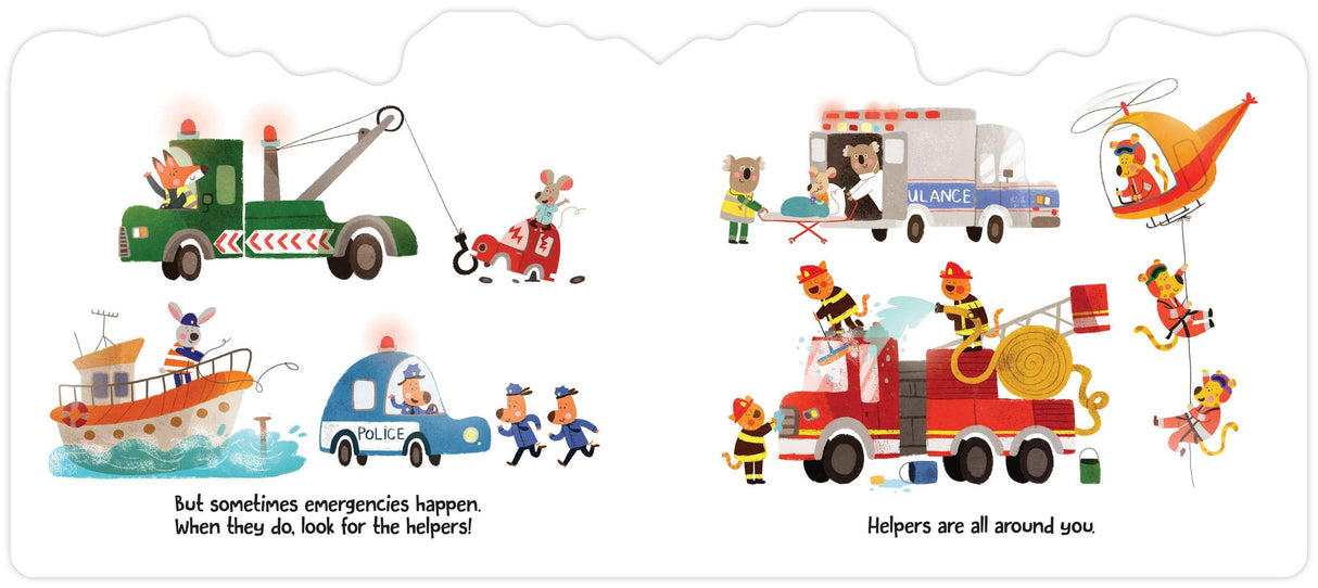 Here Come the Helpers shaped board book shows emergency vehicles like fire trucks, ambulances, police cars, and helpers in action.