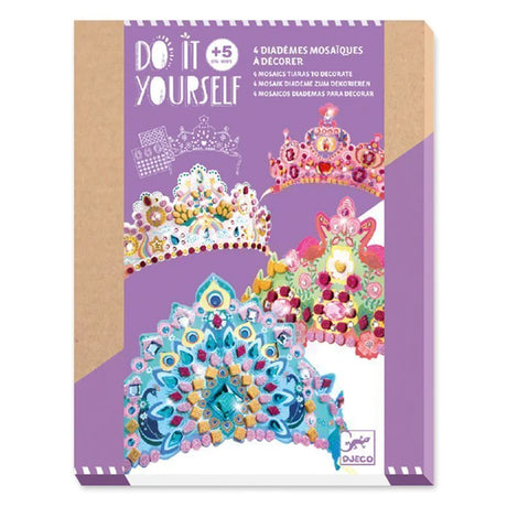 DIY Mosaic Tiaras kit with four princess tiaras to decorate using self-adhesive mosaic pieces and stone stickers.