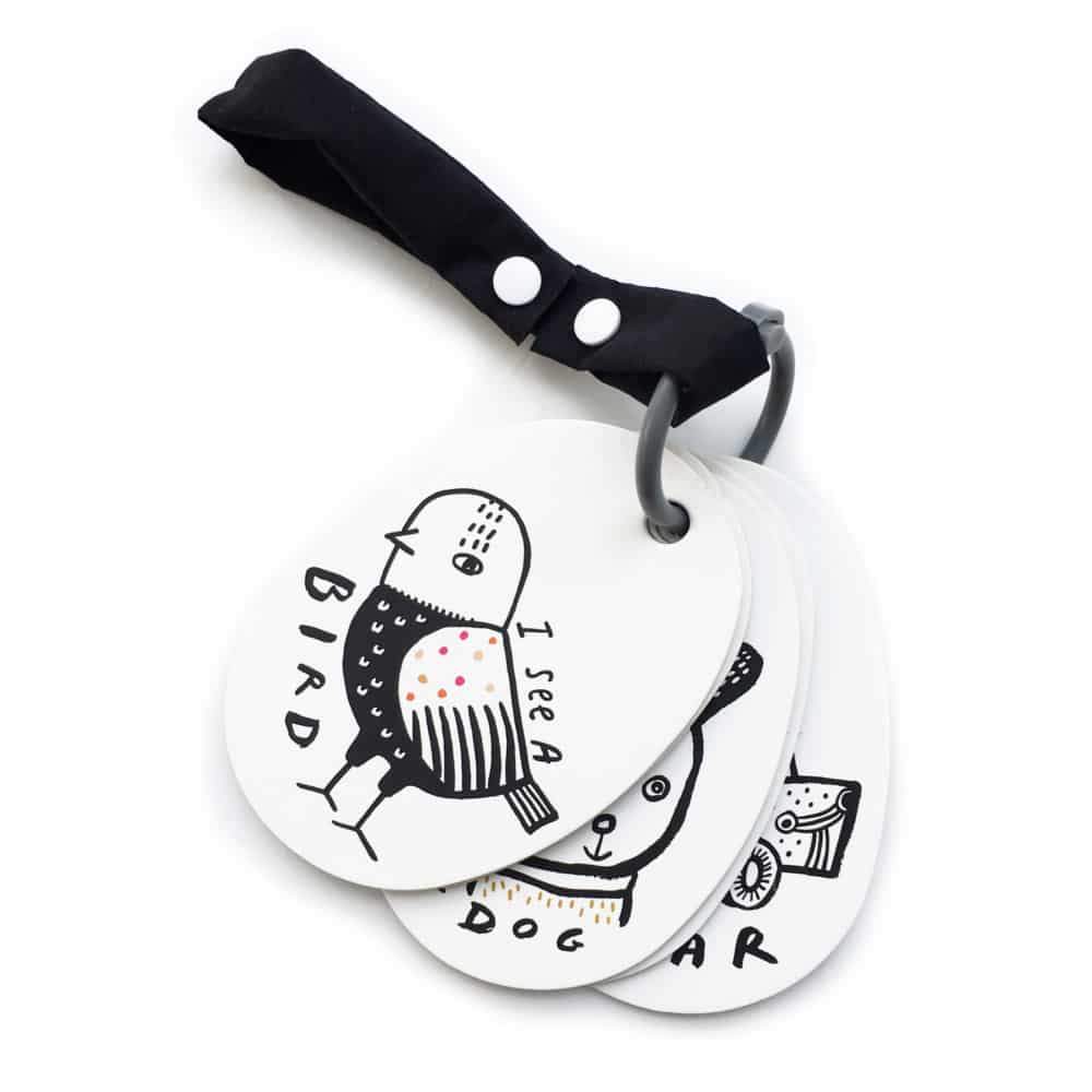 I See on a Walk Stroller Cards featuring illustrated animal prompts with a ring and strap for easy stroller attachment.