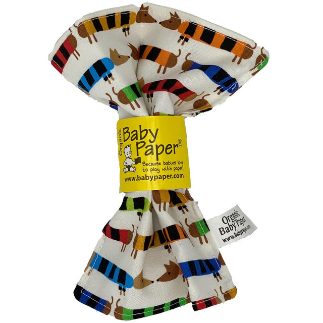 Baby Paper | Organic Dachshunds soft baby toy with colorful dachshund prints, safe and washable for sensory play.