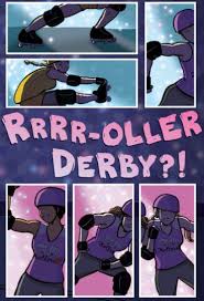Illustration of girls roller skating in action panels with text "RRRR-OLLER DERBY?!" from the graphic novel Roller Girl.