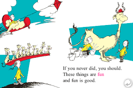 One Fish Two Fish Red Fish Blue open book page with colorful whimsical characters and playful scenes from Dr. Seuss.