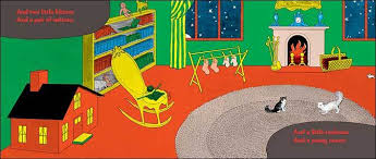 Goodnight Moon book illustration showing a cozy green room with a little bunny saying goodnight to familiar objects.