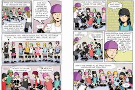 Roller Girl graphic novel pages showing Astrid at roller derby camp, making new friends and facing challenges confidently.