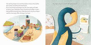 Dragons Love Tacos book open to colorful illustrated pages showing tacos, dragons, and a lively story scene.