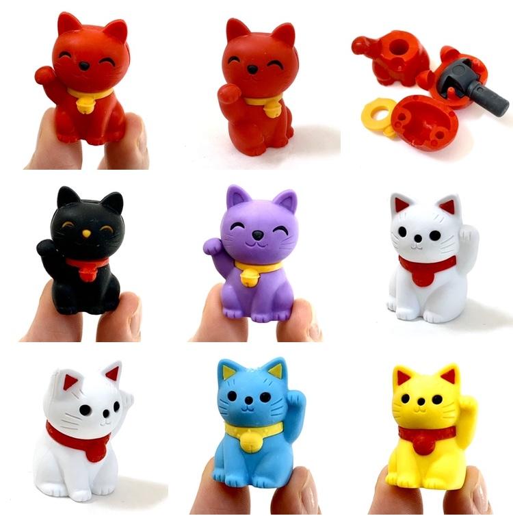 Japanese Eraser Maneki Cat puzzle toy in assorted colors, eco-friendly, handmade, waving lucky cat from Japan.