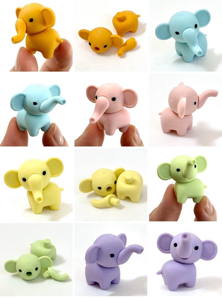 Japanese Eraser Elephant puzzle toy in assorted colors, hand-assembled eco-friendly eraser collectible in cute elephant shape.