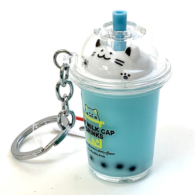 Cat Boba Tea KeyChain with a blue cup, cat design, key ring and clip, perfect for bags or keys.