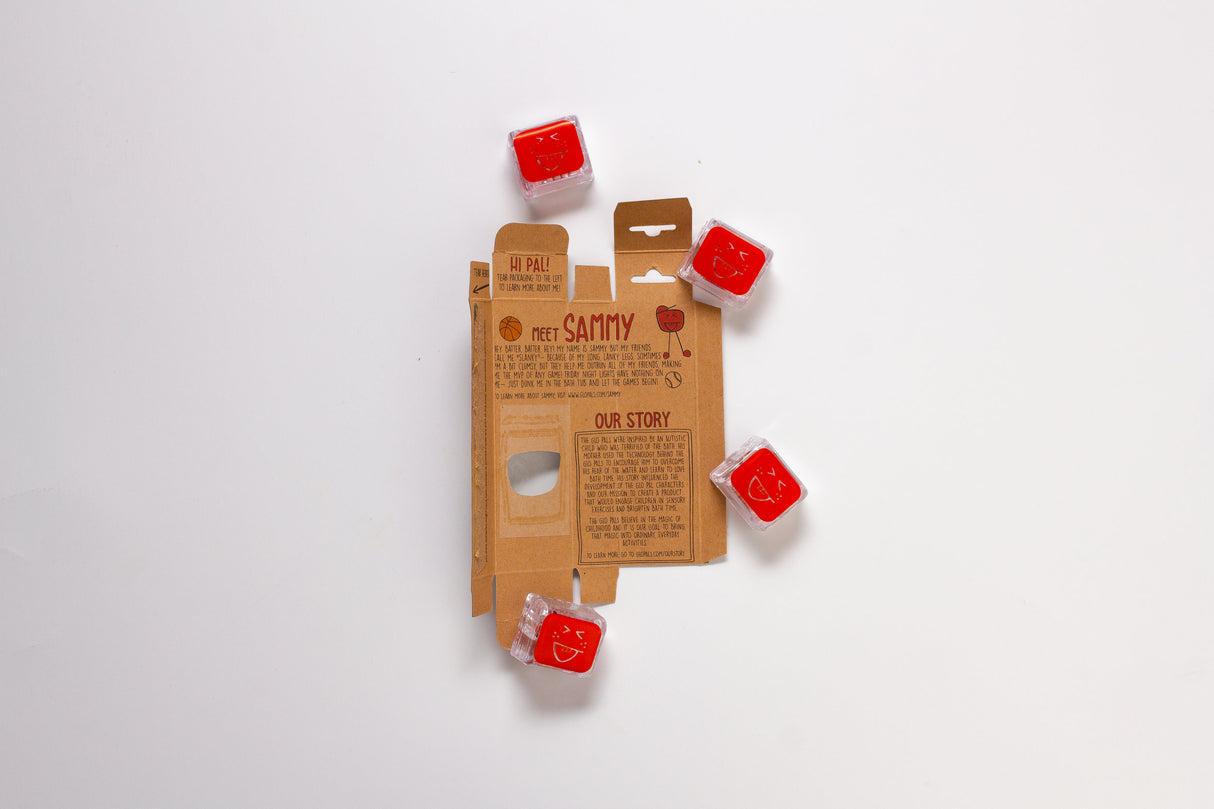 Glo Pals Red showing four red light-up cubes and eco-friendly packaging on a white background.