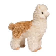 Alpaca Alice plush toy, soft cream and brown furry alpaca stuffed animal for cuddling and play, 10.5 inches tall.