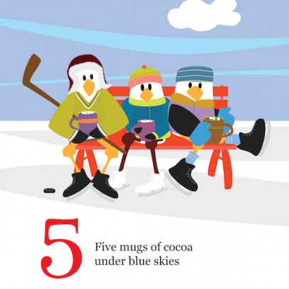 123 Gulls shows three seagulls in winter clothes sitting on a bench drinking cocoa under blue skies.